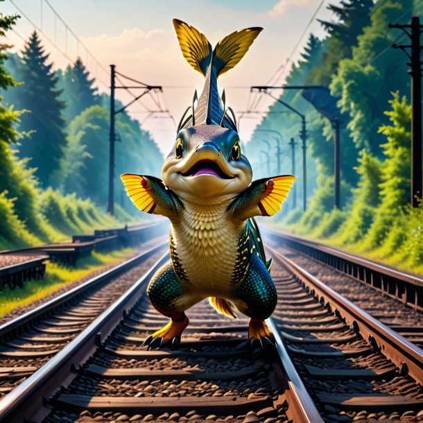 Photo of a dancing of a pike on the railway tracks