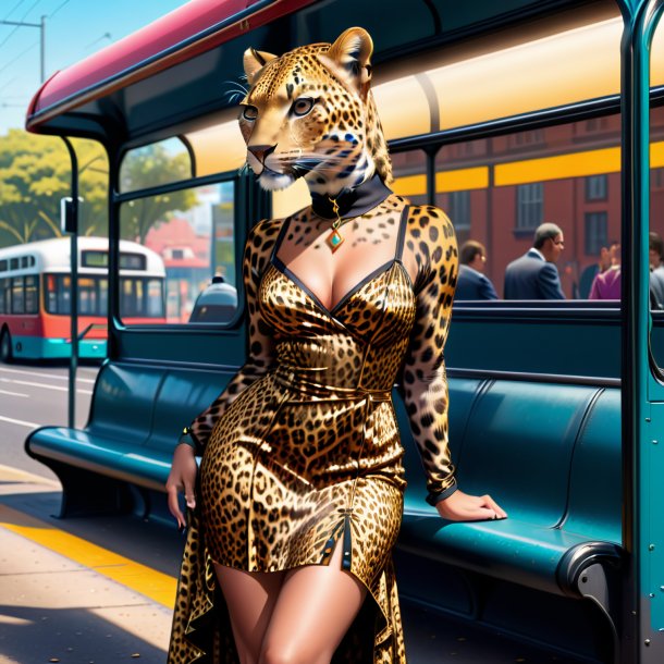 Ilustración de un leopardo en un vestido en la parada de autobús