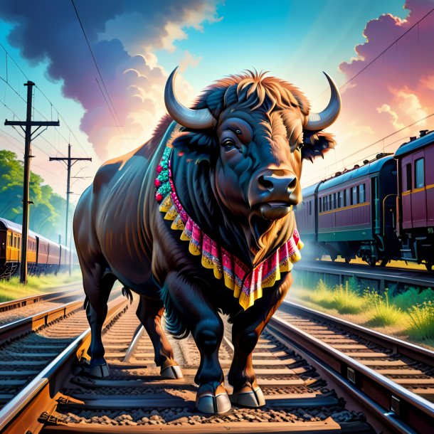 Illustration of a buffalo in a skirt on the railway tracks