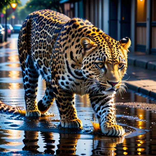 Foto de un leopardo en un jeans en el charco