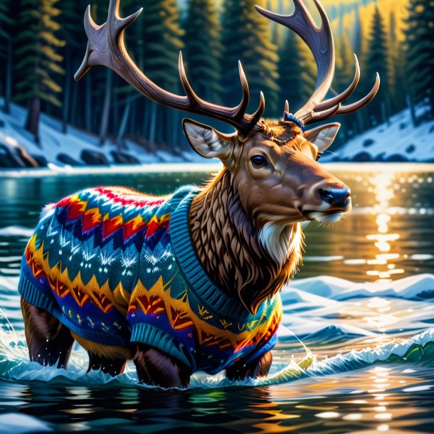 Illustration d'un wapiti dans un pull dans l'eau