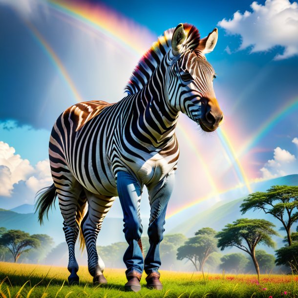 Image of a zebra in a jeans on the rainbow