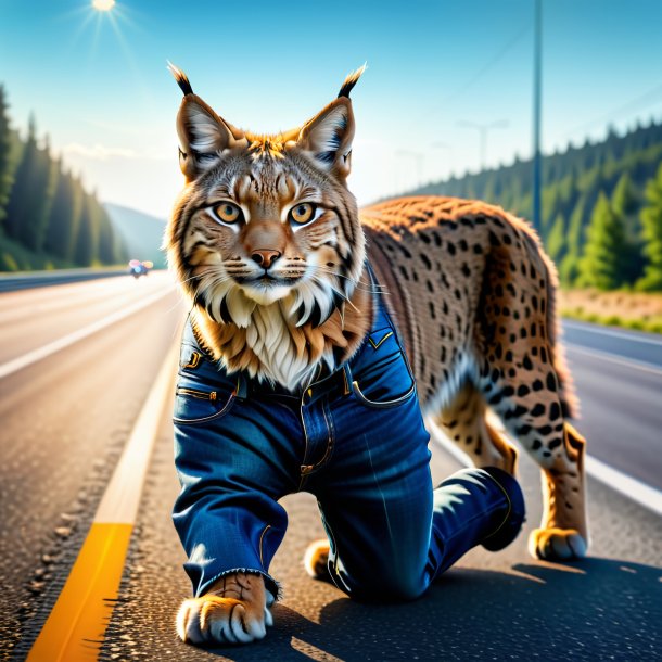 Image of a lynx in a jeans on the highway