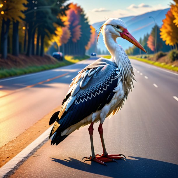 De uma cegonha em um suéter na estrada