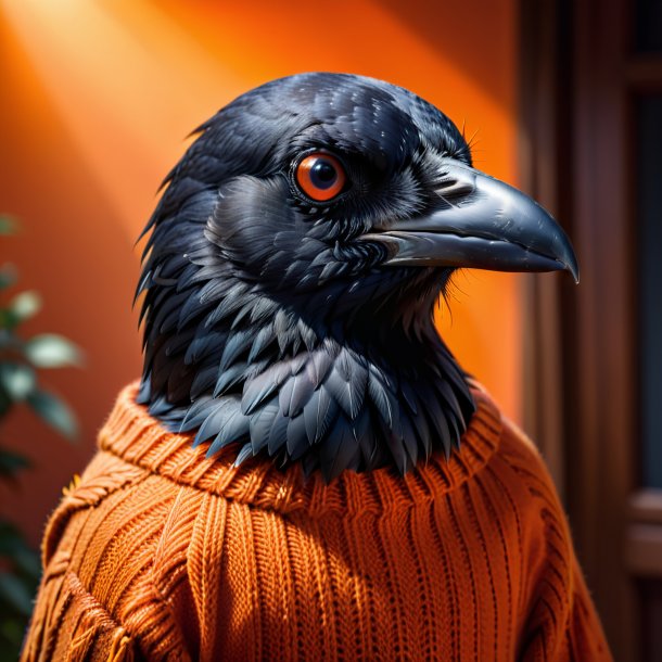 Pic of a crow in a orange sweater