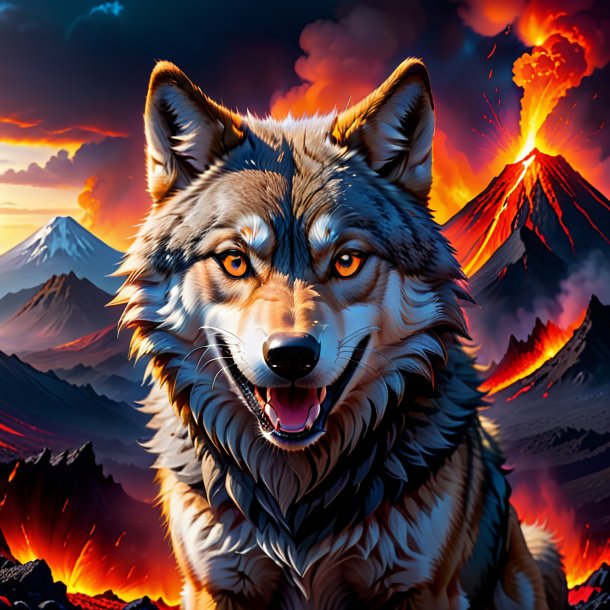 Photo of a smiling of a wolf in the volcano