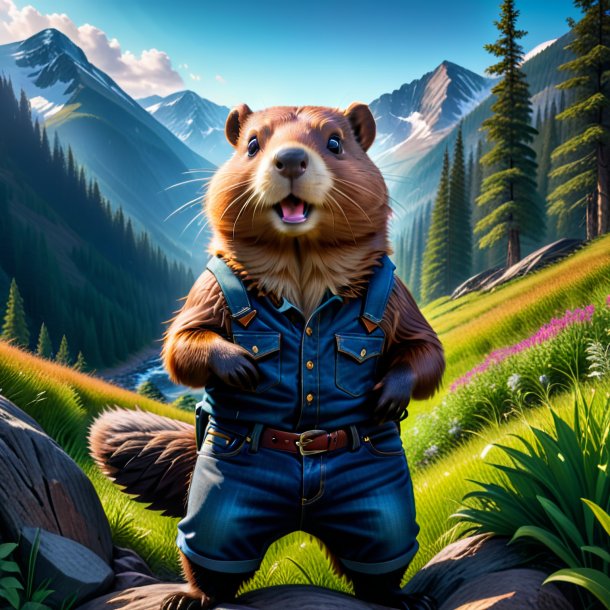 Photo of a beaver in a jeans in the mountains