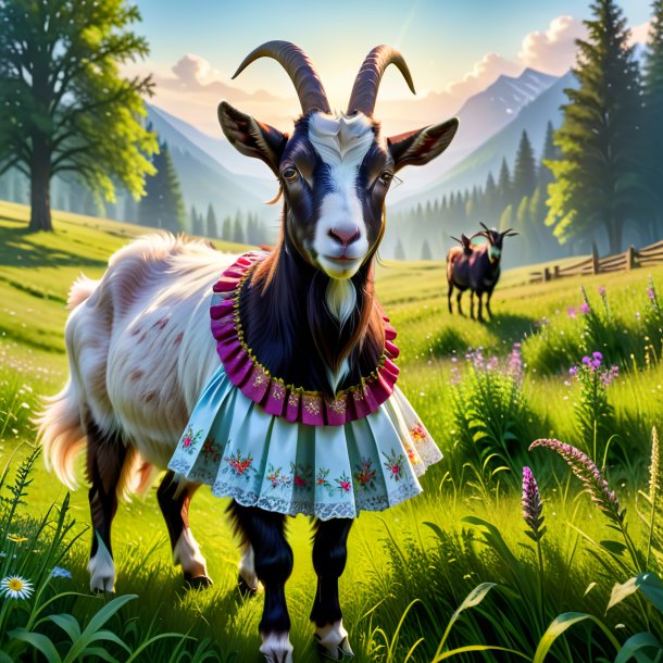 Photo of a goat in a skirt in the meadow