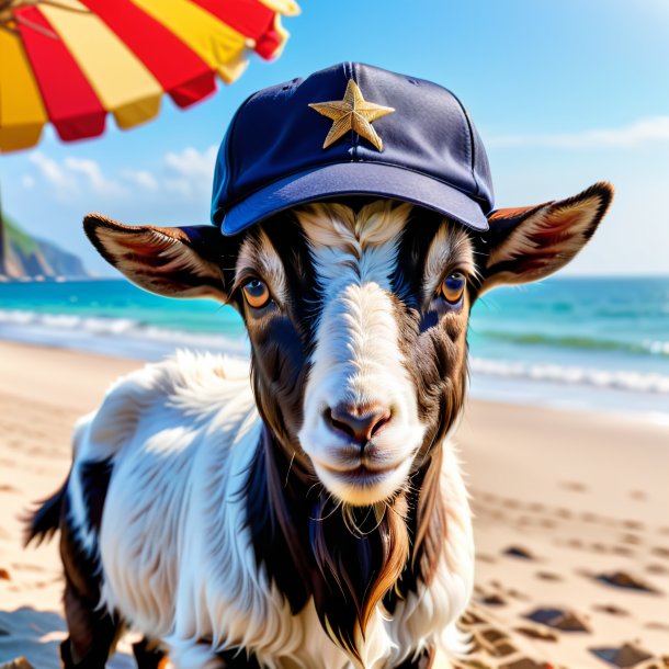 Pic of a goat in a cap on the beach