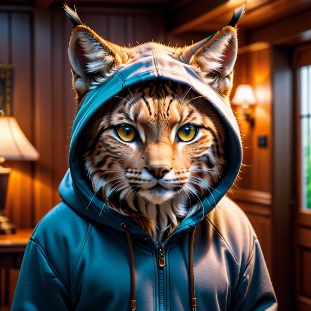 Photo of a lynx in a hoodie in the house