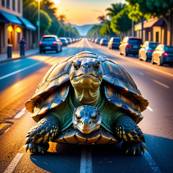 Foto de uma tartaruga em um colete na estrada