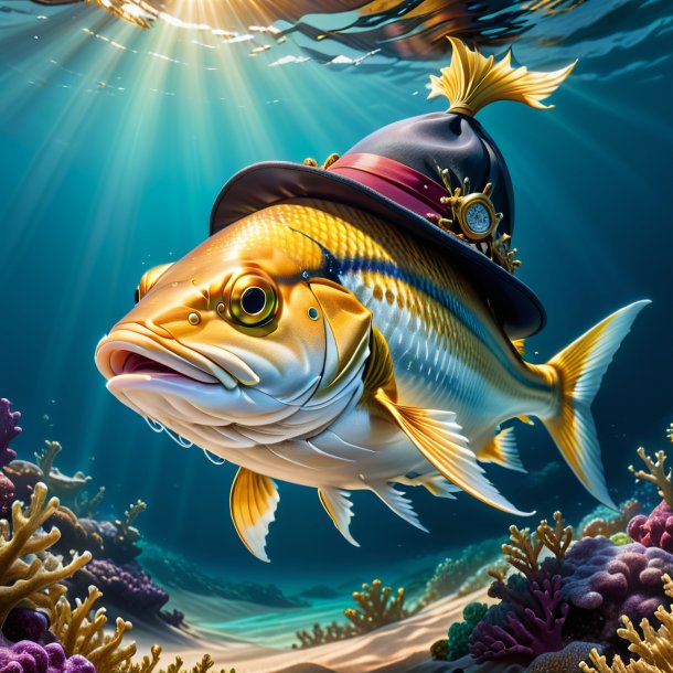 Drawing of a haddock in a hat in the sea