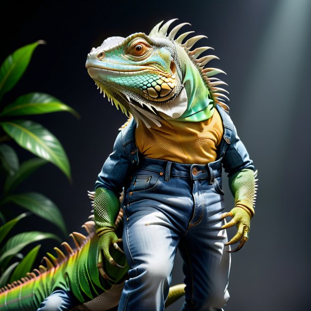 Imagem de uma iguana em um jeans cinza