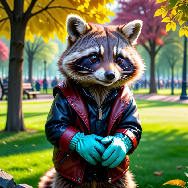 Pic of a raccoon in a gloves in the park