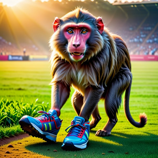 Picture of a baboon in a shoes on the field