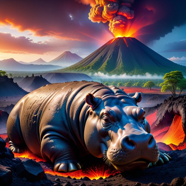 Photo of a sleeping of a hippopotamus in the volcano