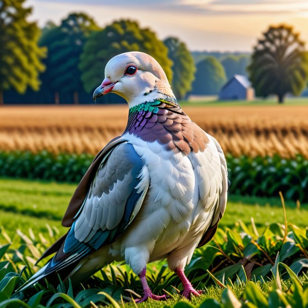 Foto de uma pomba em um casaco no campo