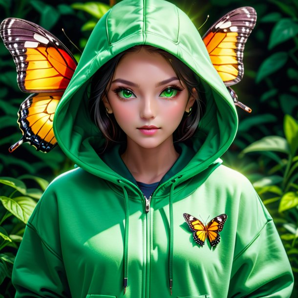 Pic of a butterfly in a green hoodie