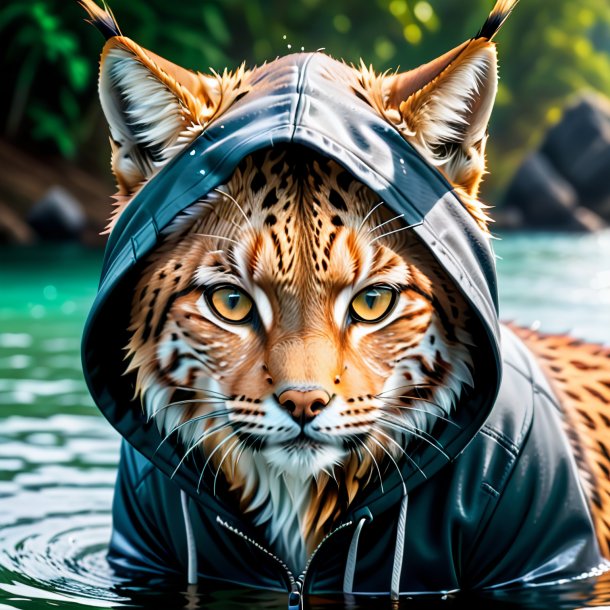 Picture of a lynx in a hoodie in the water