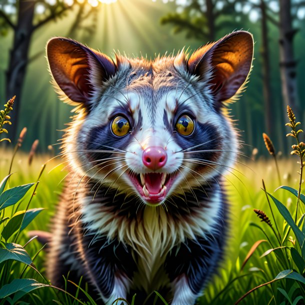 Image d'une menace d'un opossum dans la prairie