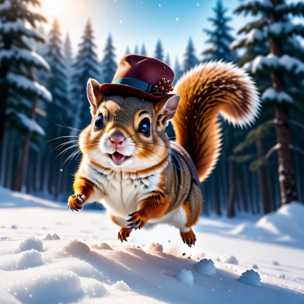 Picture of a flying squirrel in a hat in the snow