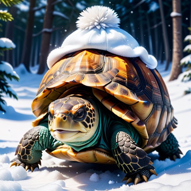 Picture of a tortoise in a cap in the snow