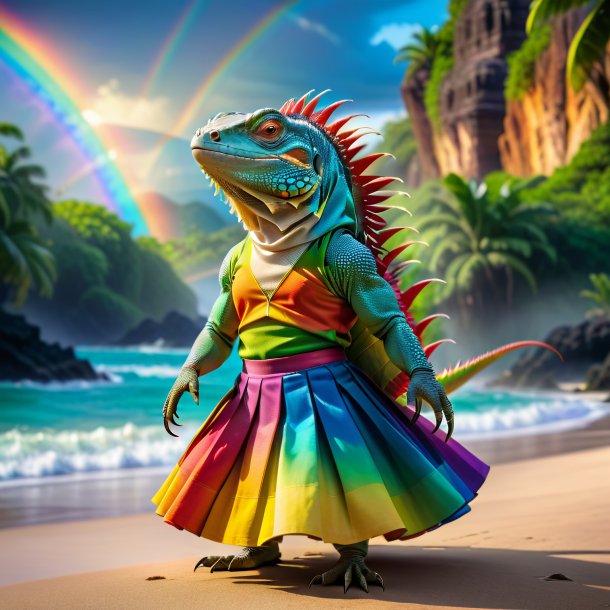 Imagen de una iguana en una falda sobre el arco iris