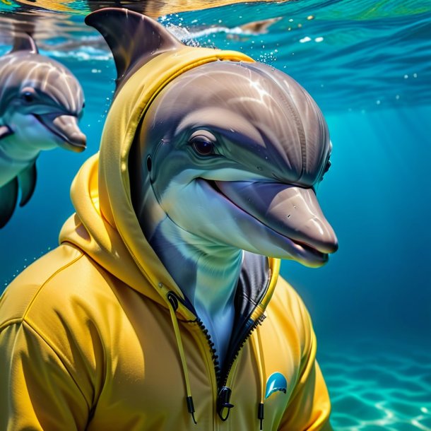 Photo of a dolphin in a yellow hoodie