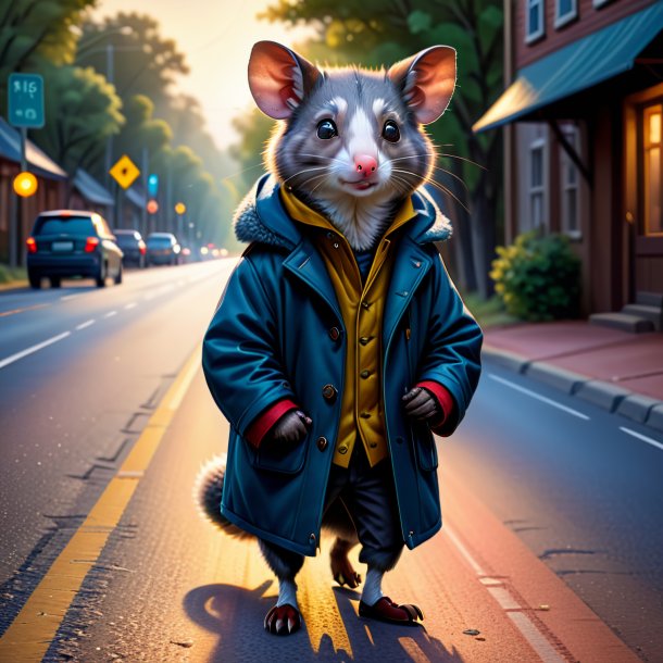 Illustration of a possum in a coat on the road