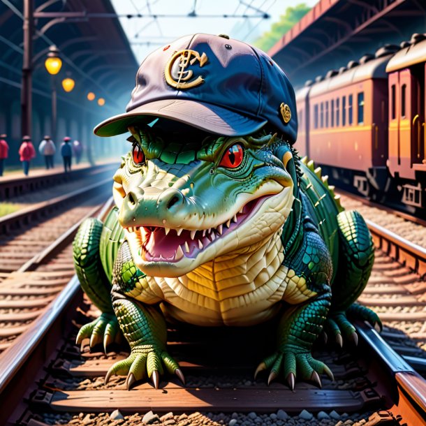 Desenho de um crocodilo em um boné nos trilhos ferroviários