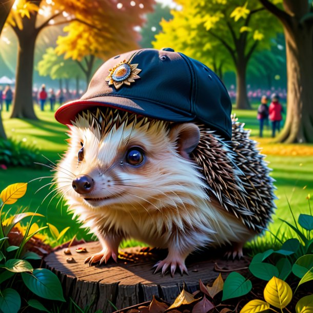 Drawing of a hedgehog in a cap in the park