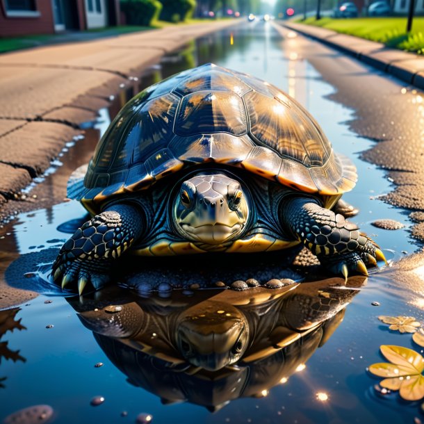 Pic of a turtle in a jeans in the puddle