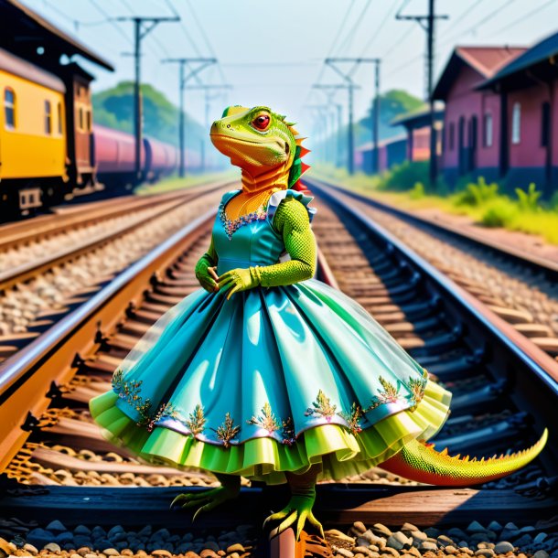 Picture of a lizard in a dress on the railway tracks