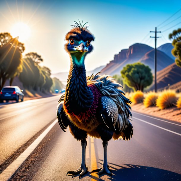 Photo of a emu in a gloves on the road