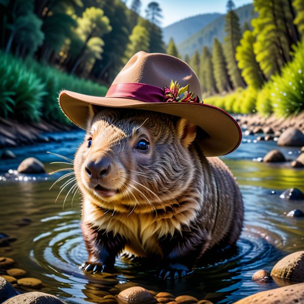 Foto de un wombat en un sombrero en el río