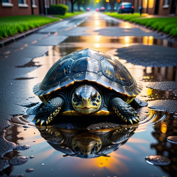 Imagen de una tortuga en un abrigo en el charco