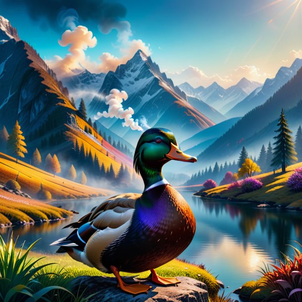 Photo d'un canard qui fume dans les montagnes