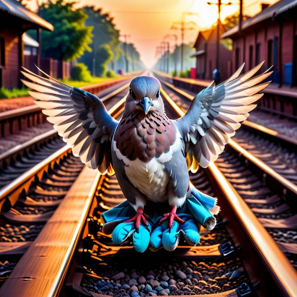 Foto de una paloma en guantes en las vías del tren