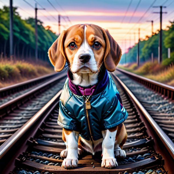 Imagen de un beagle en la chaqueta sobre las vías del ferrocarril