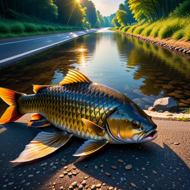 Image of a resting of a carp on the road