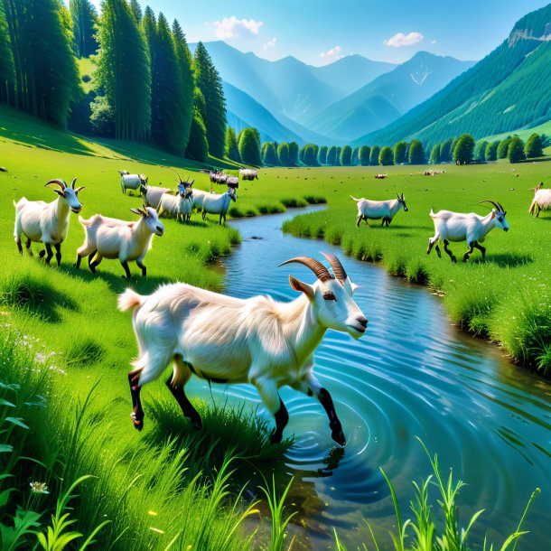 Photo of a swimming of a goat in the meadow