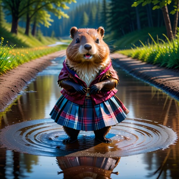 Photo of a beaver in a skirt in the puddle