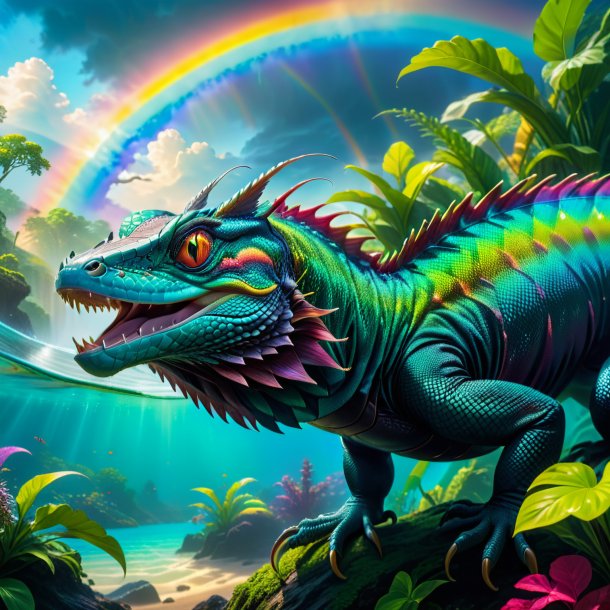 Photo of a swimming of a basilisk on the rainbow