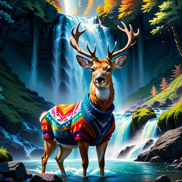 Illustration of a deer in a sweater in the waterfall