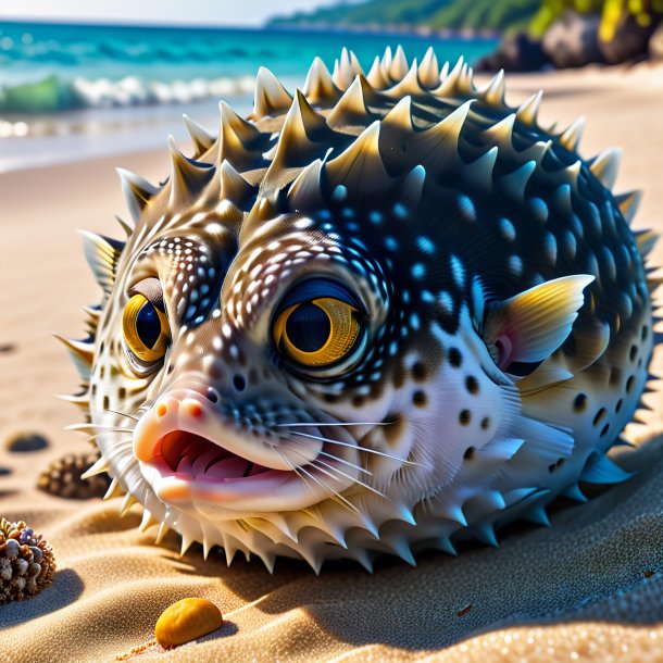 Image d'un sommeil d'un poisson-pouf sur la plage