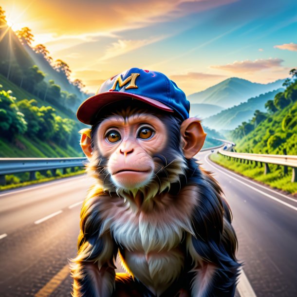 Image of a monkey in a cap on the highway