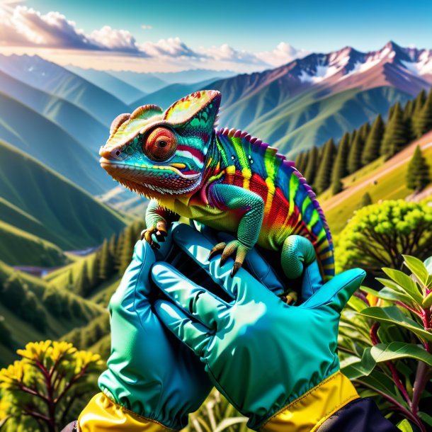 Pic of a chameleon in a gloves in the mountains