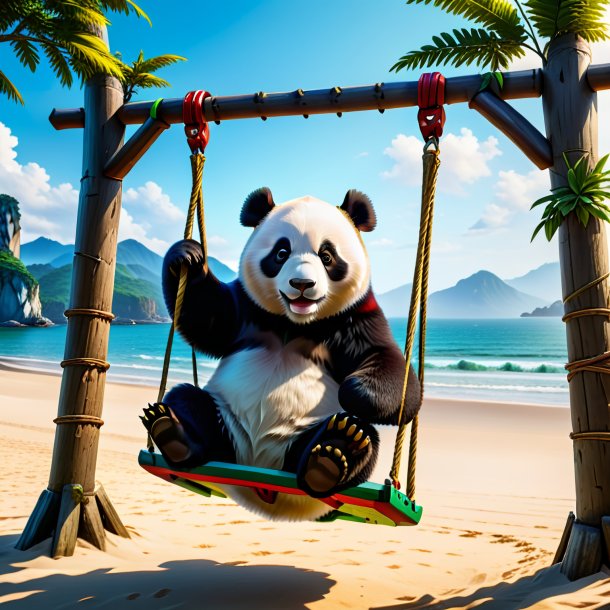 Picture of a swinging on a swing of a giant panda on the beach