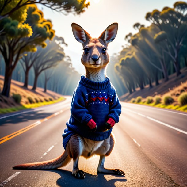 Foto de um canguru em um suéter na estrada