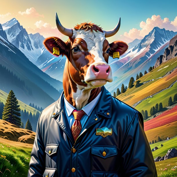 Illustration of a cow in a jacket in the mountains